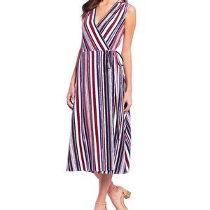 Alex Marie Striped V Neck Midi Crepe Wrap Dress
